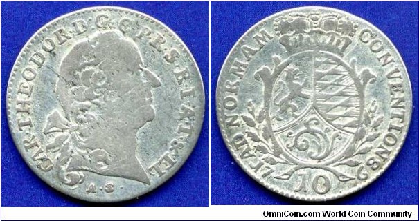 10 kreuzer (Konventionkreuzer).
Pfalz-Sulzbach.
Karl Theodor (1742-1799).
*CAR.THEODOR.D:G.C.P.R.S.R.I.A.T.&.EL.*.
*AS*- Mannheim mint, mintmaster Anton Schäffer, die-cutter, work on mint in 1748-1764.


Ag500f. 3,91gr.
