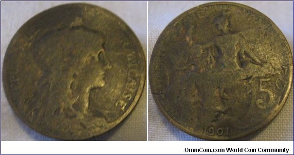 1901 5 centimes, average grade, 6 million minted