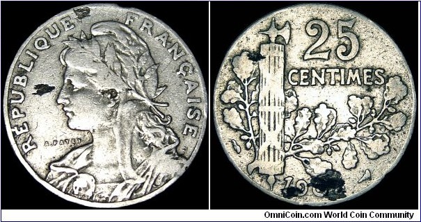 France - 25 Centimes - Weight 6,9 gr - Nickel - Size 24 mm - President / Emile Luobet (1899-1906) - Engraver General´s Mark / Torch / Henry Patey (1896-1930) - Mintage 8 000 000 - Shape 22 Sided - Edge _ Plain - Reference KM# 856 (1904-05)