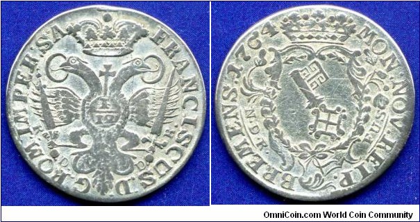 1/12 Thaler (6 grote).
Free Imperial City Bremen.
Franciscus I (1745-1765) Emperor of Holy Roman Empire.
*N.D.R.FUS* - *Naht Dem Reichs Fuss* - 1/12 Reichs Thaler.
*RDDB*.
Mintage 61,000 units.


Ag.