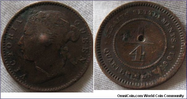 1901 straits settlements 1/4 cent, bent because of failed drilling attempt