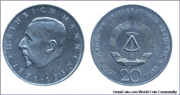 German Democratic Republic, 20 mark, 1971, Cu-Ni, 33mm, 1871-1950, Heinrich Mann.