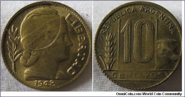 1948 10 centavos, EF, almost full lustre, off centre and weak strike on reverse