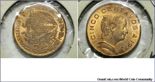 Mexico 1973-M 5 Centavos Flat top 3 Km# 427 