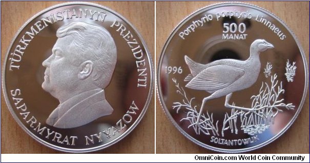 500 Manat - Purple Swanphen - 28.28 g Ag .925 Proof - mintage 5,000