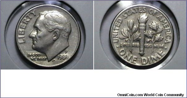 U.S. 1986-P 10 Cents Clad Roosevelt Dime KM# 195.a 