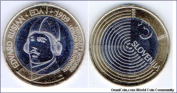 2009 
Slovenia 
3e 
100th anniversary of the first flight of a Slovenian aviator Edvard Rusjan With the name of his plane Edna I  
Styalized impression of a spinning propeller and date + value