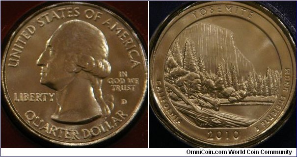 Yosemite National Park, California.  Quarter depicting El Capitan, described as the largest monolith of granite in the world. Established 10-1-1890. (ref. http://www.usmint.gov/mint_programs/atb/?flash=yes)