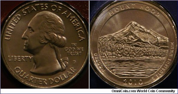 Mount Hood National Forest, Oregon.  Quarter depicting Mount Hood with Lost Lake in the foreground. (ref. http://www.usmint.gov/mint_programs/atb/?local=MtHood)