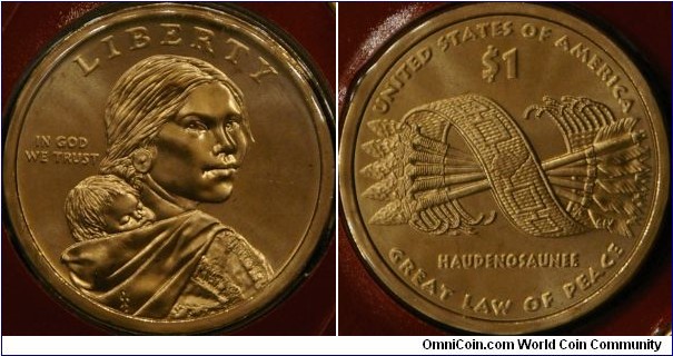 2010 Native American $1 coin features an image of the Hiawatha Belt with five arrows bound together and the additional inscriptions HAUDENOSAUNEE (People of the Longhouse) and GREAT LAW OF PEACE.  (ref. http://www.usmint.gov/mint_programs/nativeAmerican/)