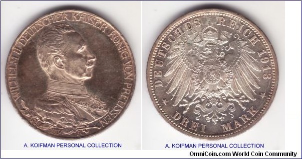 KM-535, 1913 Prussia 3 mark, Berlin mint; silver, lettered edge; appears to be proof with cabinet tonings and as most proofs of that age a bit of hairlines in the fields but my first pre-republic proof (if it is)