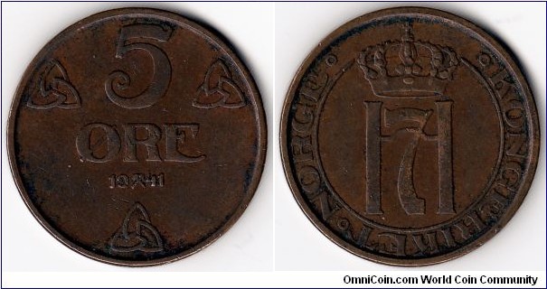 KM#368, 	Norway, Five,  Ore, 	1941, 	Bronze, 	1908-1952, coincrazy2010 