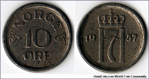 KM#396,		Norway, Ten, Ore, 	1957, 	Copper-Nickel, 	 	1951-1957, coincrazy2010