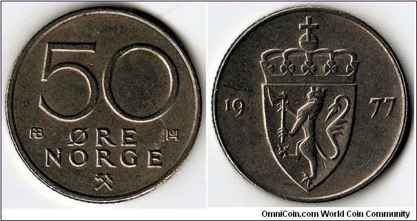 KM#418,	Norway, Fifty, Ore, 	1977, 	Copper-Nickel,  	1974-1996, coincrazy2010 
