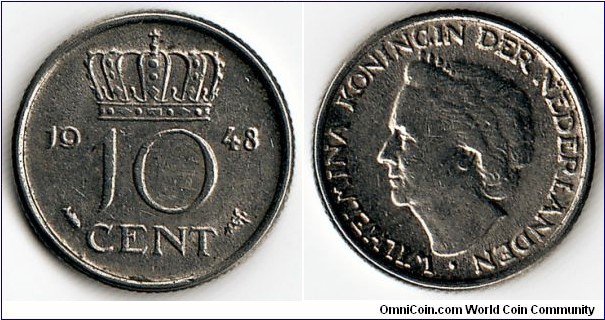 KM#177, Netherlands, Ten, Cents, 1948, 	Nickel,  Only in 1948, coincrazy2010