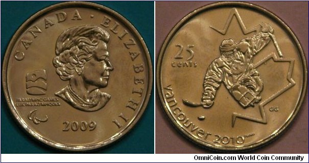 25 cents honoring the Paralympic games in Vancouver - Sledge Hockey, 2010. 24 mm, Ni plated steel