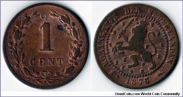KM#107, Netherlands, One,  Cent, 	1878, 	Bronze,   1877-1900, coincrazy2010 