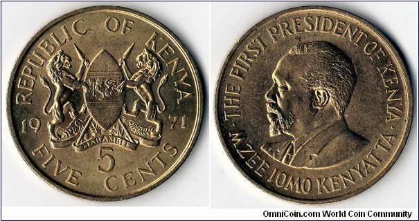 KM#10,	Kenya, Five,  Cents, 	1971, 	Nickel-Brass,  1969-1978,  coincrazy2010