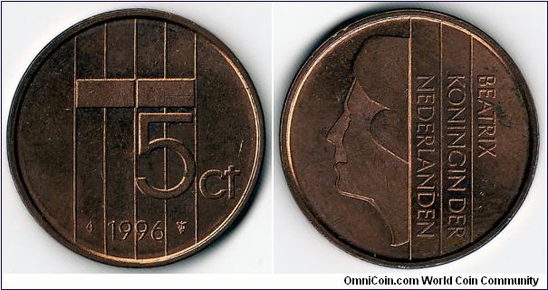 KM#202,  Netherlands, Five,  Cents, 	1996, 	Bronze,  1982-2001, coincrazy2010