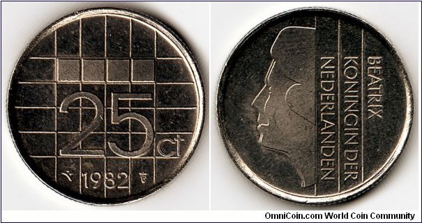 KM#204,  Netherlands, FunfundZwanzig,  Cents,  	1982, 	Nickel,  1982-2001,  coincrazy2010