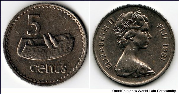 KM#29, 	Fiji, Five,  Cents, 	1981, 	Copper-Nickel,  1969-1984,  coincrazy2010