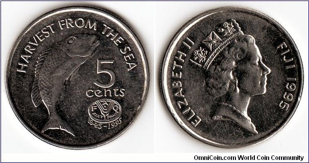 KM#77, 	Fiji, Five,  Cents,  	1995, 	Nickel Bonded Steel,  Minted only in 1995,  coincrazy2010