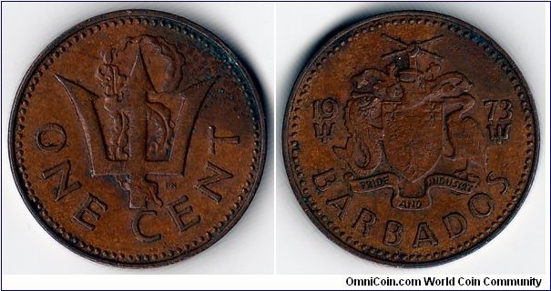 KM#10, 	Barbados, One,  Cent, 	1973, 	Bronze,  1973-1991,  coincrazy2010