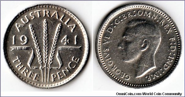 KM#37, 	Australia,   Three,  Pence, 	1941, 	Silver,   1938-1944,  coincrazy2010