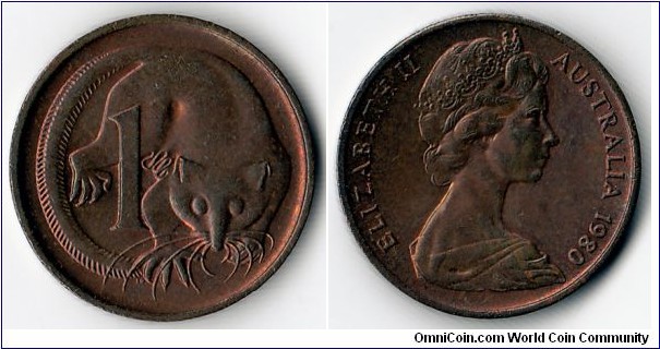 KM#62, 	Australia,  One,  Cent,   1980, 	Bronze,   1966-1984,  coincrazy2010