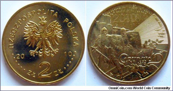 2 zlote.
2010, Great Battles;
Grunwald 1410, Kluszyn 1610. Mretal Nordic Gold. Weight 8,15g. Diameter 27mm. 