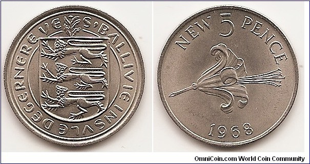 5 New Pence
KM#23
5.6500 g., Copper-Nickel, 23.6 mm.   Ruler: Elizabeth II Obv: Arms Rev: Guernsey lily