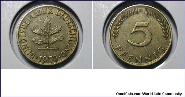 Germany-FR 1950-D 5 Pfennig KM# 107 
