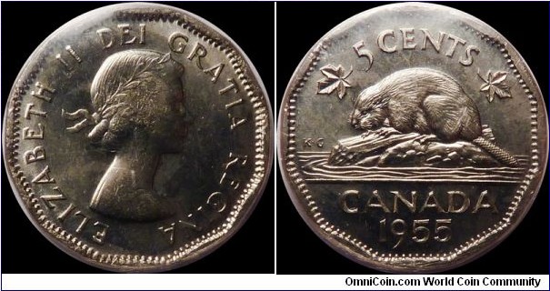 ~SOLD~ Canada 5 Cents 1955 ICCS MS-63