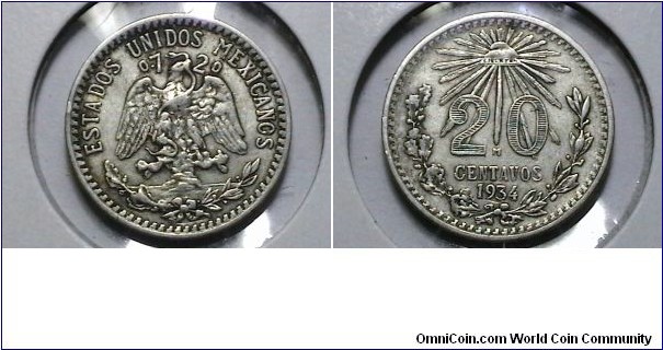 Mexico 1934-M 20 Centavo KP# 438 