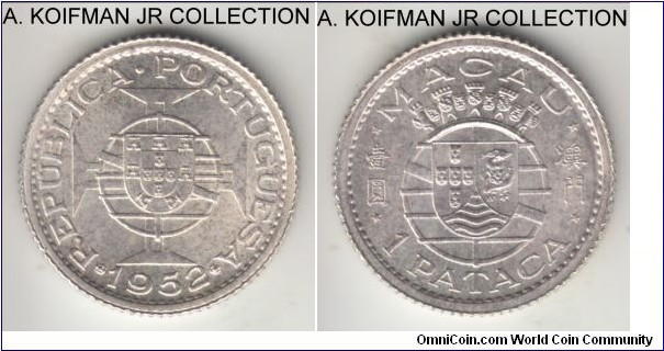 KM-4, 1952 Portuguese Macao pataca; silver, reeded edge; interestingly with large - 4,500,000 mintage - it is not a frequent issue at all, nice uncirculated specimen starting to tone.
