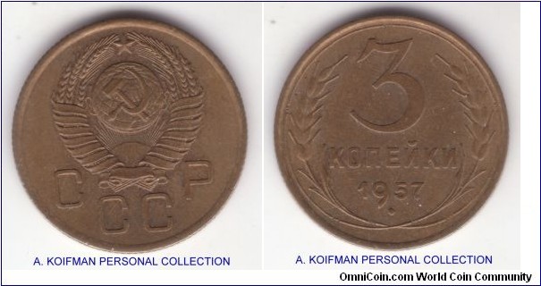 Y#121, 1957 Russia (USSR) 3 kopeks; aluminum-bronze, reeded edge; higher grade, maybe between extra fine and about uncirculated; this is a later 7 and 7 ribbons type.