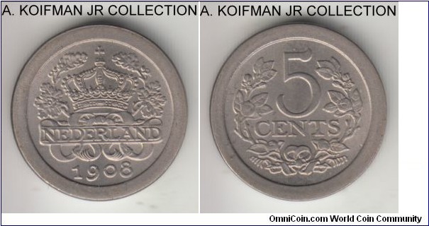 KM-137, 1908 Netherlands 5 cents; copper-nickel, plain edge; Wilhelmina I, 3-year type, nice uncirculated.