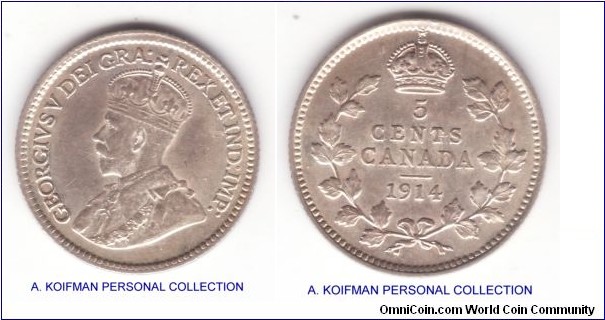 KM-22, 1914 Canada 5 cents, George V; silver, reeded edge; about uncirculated