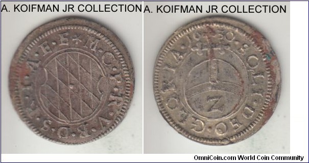 KM-128.1, 1630 German States Bavaria 2 kreuzer; billon; Prince Elector Maximilian II, uncirculated or about, some deposits in the fields.