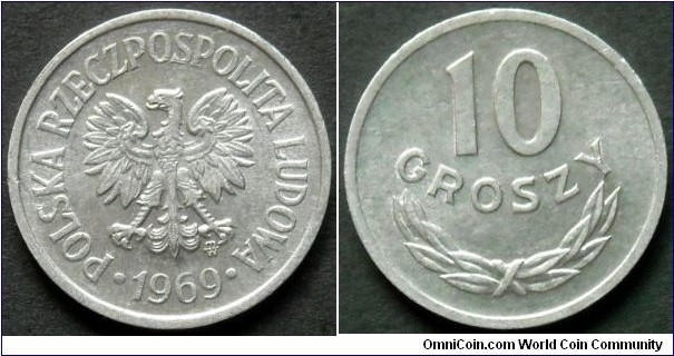 10 groszy.
1969, Aluminum.
Weight 0,7g. Diameter 17mm. Plain edge. Mintage 71.566.000 units.