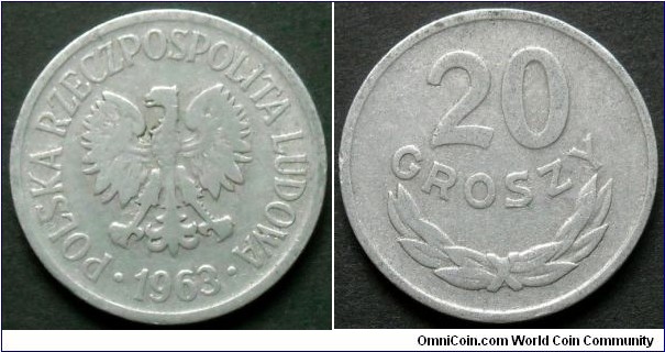 20 groszy.
1963, Aluminum.
Weight 1g. Diameter 20mm. Plain edge. Mintage 41.217.207 units.