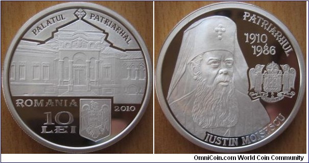 10 Lei - Patriarchs of Romania - Justin Moisescu - 31.1 g Ag .999 Proof - mintage 1,000