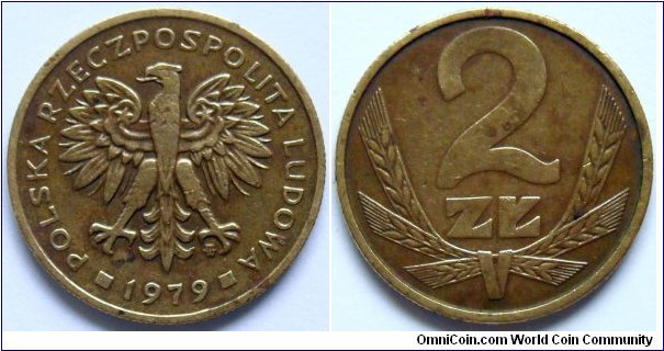 2 zlote.
1979, Brass. Weight 3g. Diameter 21mm.
Reeded edge. Design W. Kowalik. Mintage 85.751.500 units.