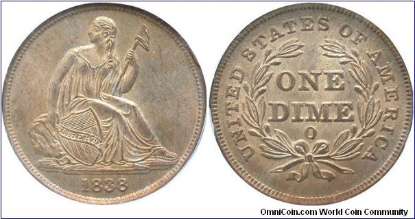 1838-O No Stars F-101 Liberty Seated dime. One of the finest known and sits in PCGS MS64 holder.  Originally purchased as ICG MS65. My entire Liberty Seated Dime collection can be viewed at www.seateddimevarieties.com