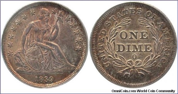 1839-O No Drapery F-105b Liberty Seated dime with large O mintmark. Very original coin that was badly ungraded by PCGS as AU58.  It is really MS63-64 grade level.  My entire Liberty Seated Dime collection can be viewed at www.seateddimevarieties.com