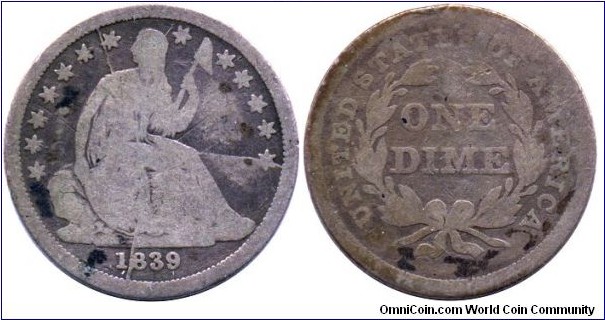 1839 No Drapery F-105b Liberty Seated dime with shattered obverse.  This variety is excessively rare with less than 10 pieces known.  A G-6 coin sold in the past year for US$8000!  My entire Liberty Seated Dime collection can be viewed at www.seateddimevarieties.com