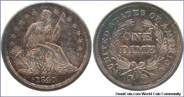 1840 No Drapery F-102 Liberty Seated dime with incredible original toning.  The coin sits in PCGS MS63 holder.  My entire Liberty Seated Dime collection can be viewed at www.seateddimevarieties.com