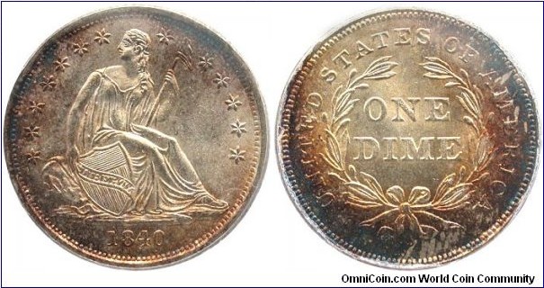 1840 No Drapery F-107 Liberty Seated dime with beautiful toning. The F-107 variety has a weaker obverse design. Bought as NGC MS66 and took downgrade to PCGS MS65 for placing in my PCGS registry set.  My entire Liberty Seated Dime collection can be viewed at www.seateddimevarieties.com