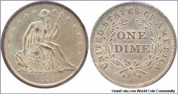 1838 No Drapery Small Stars Liberty Seated dime.  This dime is one of the finest known and sits in PCGS MS65 holder.  Notice the small stars vs the normal large stars on other No Drapery dimes.  My entire Liberty Seated Dime collection can be viewed at www.seateddimevarieties.com