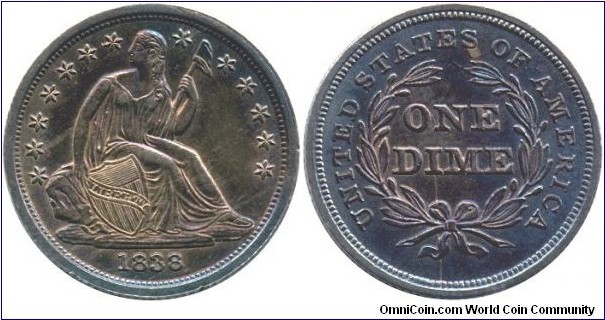 1838 No Drapery Large Stars Liberty Seated dime.  This dime is early die state of variety with vertical die crack on the reverse.  The coin is graded AU55  by ANACS. My entire Liberty Seated Dime collection can be viewed at www.seateddimevarieties.com
